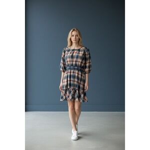 Umgee Womens Plaid Puff Sleeve Smocked Waist Ruffle Mini Dress Navy Rust K8961 L